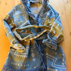 Aztec Pattern Hooded Wrap Jacket in Blue and Mustard